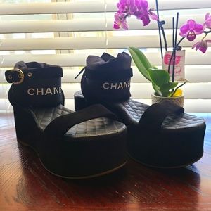 CHANEL Black Suede Sandals